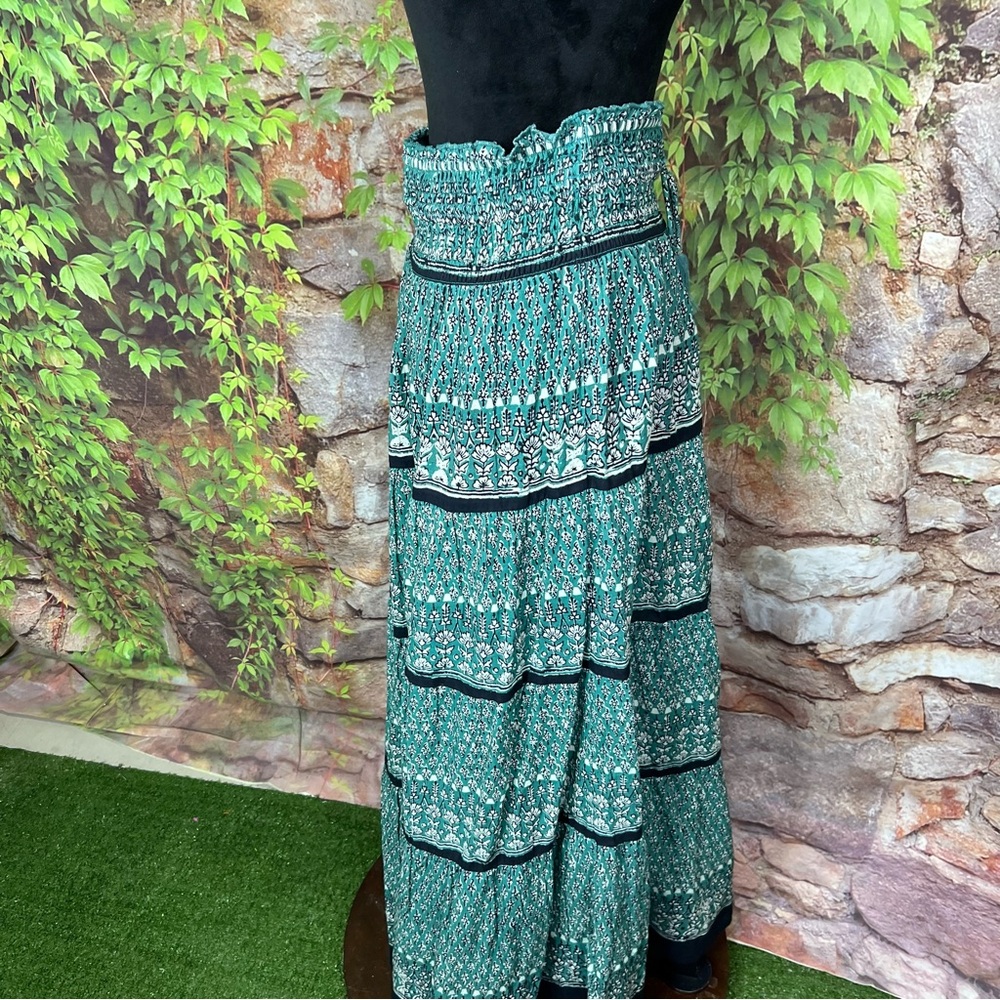 M.A.B.E. Mari Boho Patterned Green Shirred Maxi Skirt, M - Picture 10 of 16